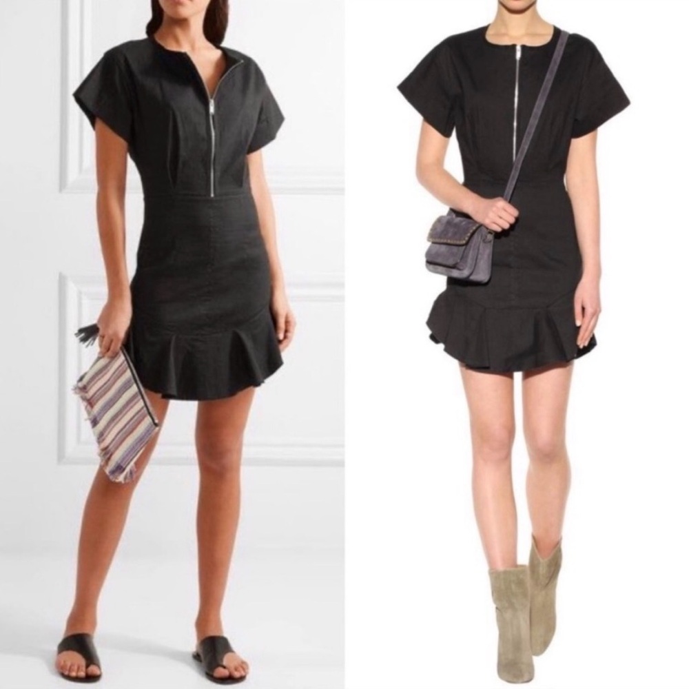Isabel Marant Black Zip-Front Short Sleeve Ruffle Hem Dress